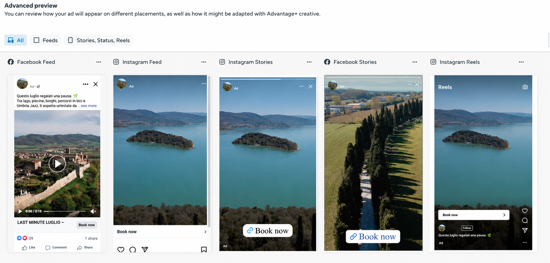 Tourism video ad previewed across Facebook Feed, Instagram Feed, Instagram Stories, Facebook Stories and Instagram Reels