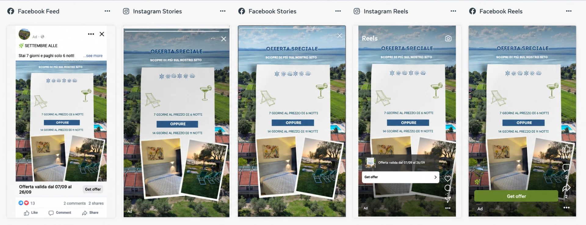Tourism ad previewed across Facebook Feed, Instagram Stories, Facebook Stories, Instagram Reels and Facebook Reels